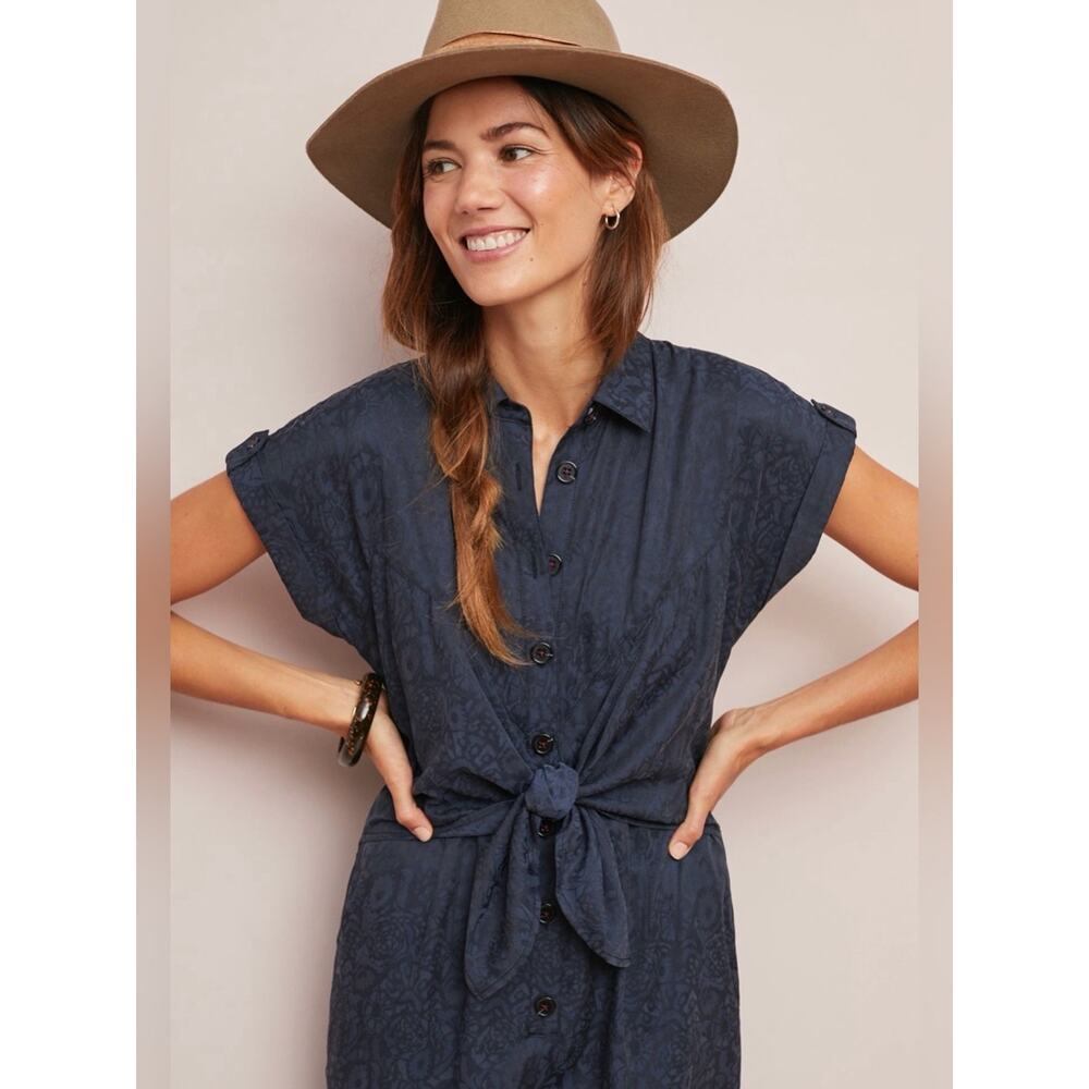 Ett:Twa Anthropologie Navy Patterned James Tie-Waist Jumpsuit Size 2 - Picture 3 of 12